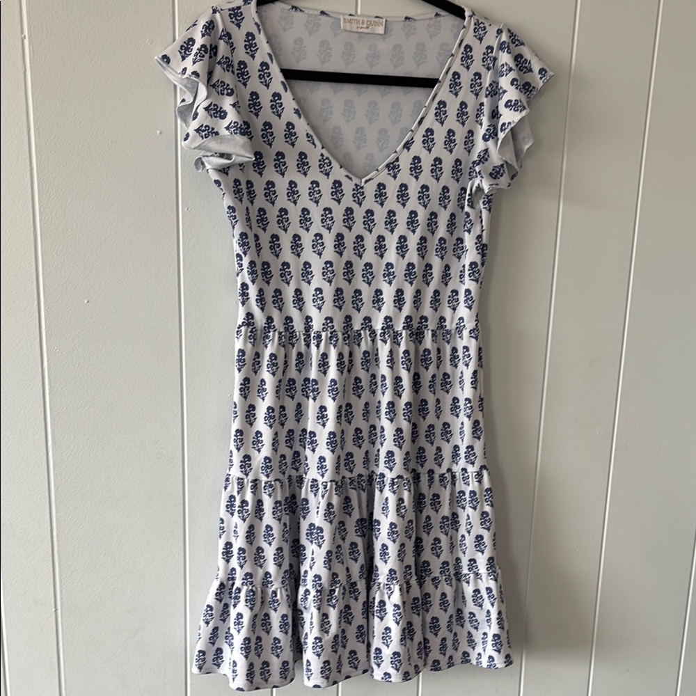 Blue and White Fit and Flare Sundress with Flutter Sleeves